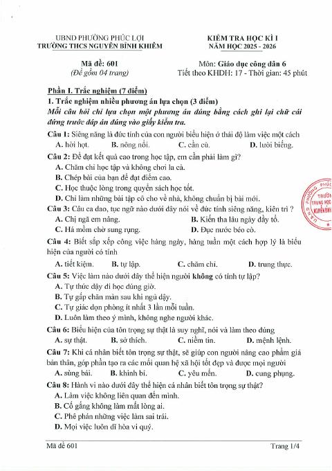 Đề thi Học kì 1 GDCD 6 năm 2025-2026 trường THCS Nguyễn Bỉnh Khiêm (Hà Nội)